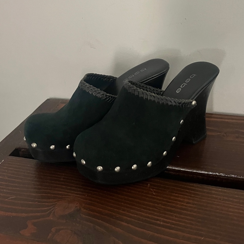 Bebe Rare Vintage Leather Studded Wood Clogs Y2K - Picture 2 of 16